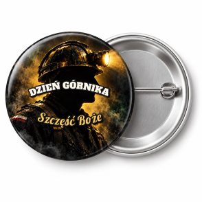 Przypinka Dzień Górnika Górnik: przypinka na Barbórkę z napisem DZIEŃ GÓRNIKA oraz polem pozdrowienie (np. Szczęść Boże) – przód i aluminiowy tył z agrafką