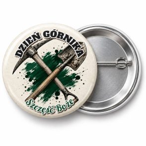 Przypinka Dzień Górnika Kilof i Łopata: przypinka na Barbórkę z napisem DZIEŃ GÓRNIKA oraz polem pozdrowienie (np. Szczęść Boże) – przód i aluminiowy tył z agrafką