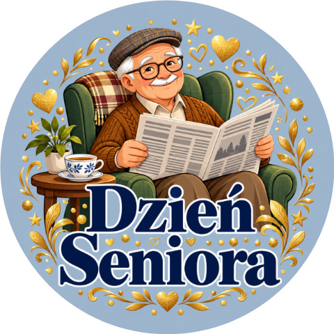 Wzór: Przypinka Dzień Seniora Dziadek z Gazetą – pastelowa grafika z napisem Dzień Seniora
