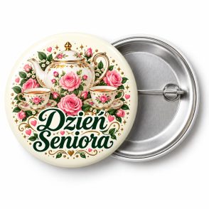 Przypinka Dzień Seniora Herbata i Róże: kolorowa przypinka na Dzień Seniora z napisem Dzień Seniora – przód i aluminiowy tył z agrafką