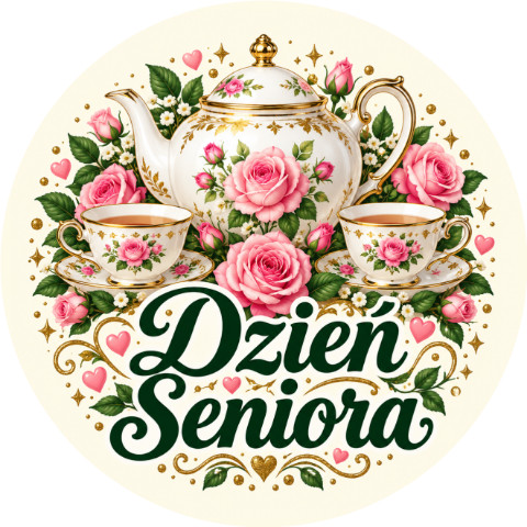 Wzór: Przypinka Dzień Seniora Herbata i Róże – pastelowa grafika z napisem Dzień Seniora