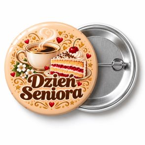 Przypinka Dzień Seniora Kawa i Ciasto: kolorowa przypinka na Dzień Seniora z napisem Dzień Seniora – przód i aluminiowy tył z agrafką