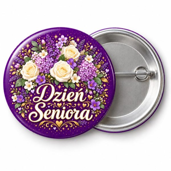 Przypinka Dzień Seniora na Fioletowym Tle: kolorowa przypinka na Dzień Seniora z napisem Dzień Seniora – przód i aluminiowy tył z agrafką