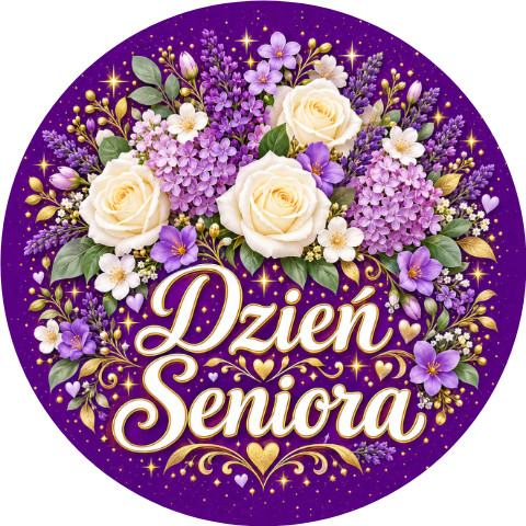 Wzór: Przypinka Dzień Seniora na Fioletowym Tle – pastelowa grafika z napisem Dzień Seniora