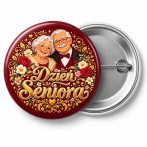 Przypinka Dzień Seniora Ozdobny Napis: kolorowa przypinka na Dzień Seniora z napisem Dzień Seniora – przód i aluminiowy tył z agrafką