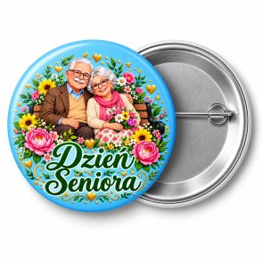 Przypinka Dzień Seniora Para w Kwiatach: kolorowa przypinka na Dzień Seniora z napisem Dzień Seniora – przód i aluminiowy tył z agrafką