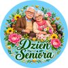 Wzór: Przypinka Dzień Seniora Para w Kwiatach – pastelowa grafika z napisem Dzień Seniora
