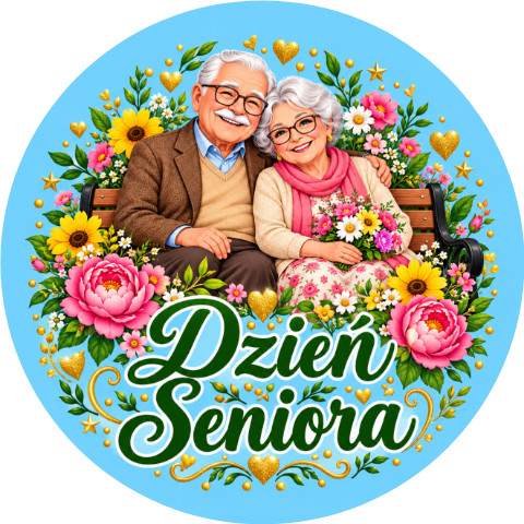 Wzór: Przypinka Dzień Seniora Para w Kwiatach – pastelowa grafika z napisem Dzień Seniora