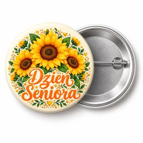 Przypinka Dzień Seniora Słoneczniki: kolorowa przypinka na Dzień Seniora z napisem Dzień Seniora – przód i aluminiowy tył z agrafką