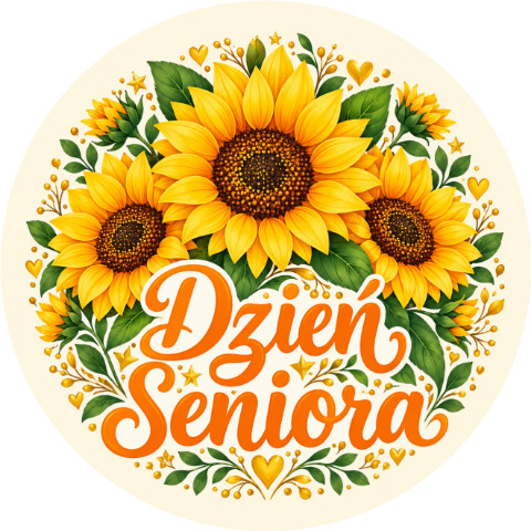 Wzór: Przypinka Dzień Seniora Słoneczniki – pastelowa grafika z napisem Dzień Seniora
