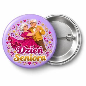 Przypinka Dzień Seniora Tańcząca Para: kolorowa przypinka na Dzień Seniora z napisem Dzień Seniora – przód i aluminiowy tył z agrafką