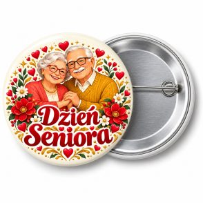 Przypinka Dzień Seniora Uśmiechnięta Para: kolorowa przypinka na Dzień Seniora z napisem Dzień Seniora – przód i aluminiowy tył z agrafką
