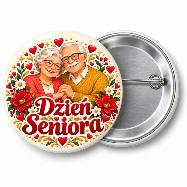 Przypinka Dzień Seniora Uśmiechnięta Para: kolorowa przypinka na Dzień Seniora z napisem Dzień Seniora – przód i aluminiowy tył z agrafką