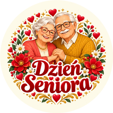 Wzór: Przypinka Dzień Seniora Uśmiechnięta Para – pastelowa grafika z napisem Dzień Seniora