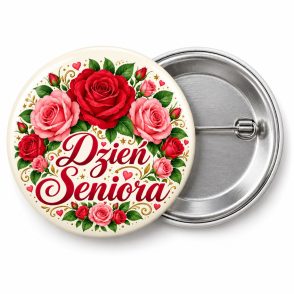 Przypinka Dzień Seniora w Różach: kolorowa przypinka na Dzień Seniora z napisem Dzień Seniora – przód i aluminiowy tył z agrafką