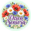 Wzór: Przypinka Dzień Seniora Wianek z Kwiatów – pastelowa grafika z napisem Dzień Seniora