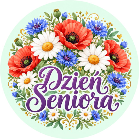 Wzór: Przypinka Dzień Seniora Wianek z Kwiatów – pastelowa grafika z napisem Dzień Seniora