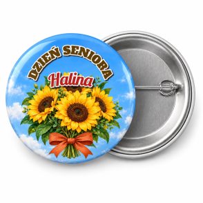 Przypinka Dzień Seniora z Imieniem: kolorowa przypinka na Dzień Seniora z napisem DZIEŃ SENIORA oraz polem imię (np. Halina) – przód i aluminiowy tył z agrafką