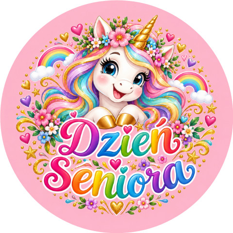 Wzór: Przypinka Dzień Seniora z Jednorożcem – pastelowa grafika z napisem Dzień Seniora