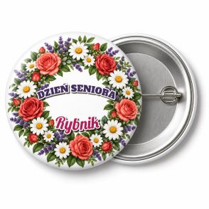 Przypinka Dzień Seniora z Miejscowością: kolorowa przypinka na Dzień Seniora z napisem DZIEŃ SENIORA oraz polem miejscowość (np. Rybnik) – przód i aluminiowy tył z agrafką