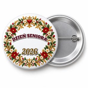 Przypinka Dzień Seniora z Rokiem: kolorowa przypinka na Dzień Seniora z napisem DZIEŃ SENIORA oraz polem rok (np. 2026) – przód i aluminiowy tył z agrafką
