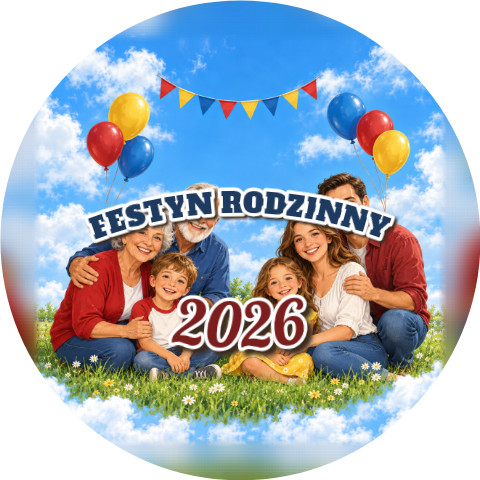 Wzór: Przypinka Festyn Rodzinny Balony – napis FESTYN RODZINNY i pole rok na pastelowym tle