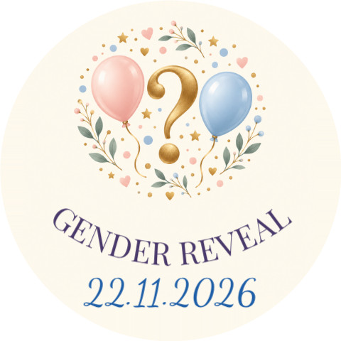 Wzór: Przypinka Gender Reveal z Datą – napis GENDER REVEAL i pole data na pastelowym tle