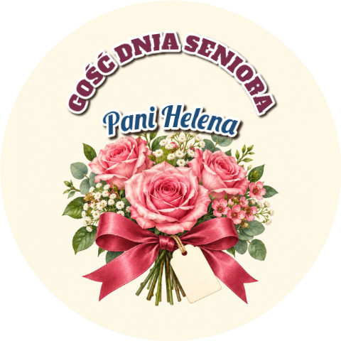Wzór: Przypinka Gość Dnia Seniora – napis GOŚĆ DNIA SENIORA i pole imię na pastelowym tle