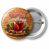 Przypinka Grzaniec Świąteczny: przypinka na Boże Narodzenie z napisem Grzaniec oraz polem dopisek (np. Jarmark 2026) – przód i aluminiowy tył z agrafką