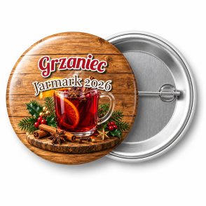 Przypinka Grzaniec Świąteczny: przypinka na Boże Narodzenie z napisem Grzaniec oraz polem dopisek (np. Jarmark 2026) – przód i aluminiowy tył z agrafką