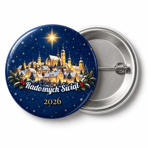 Przypinka Gwiazda nad Miastem: przypinka na Boże Narodzenie z napisem Radosnych Świąt oraz polem rok (np. 2026) – przód i aluminiowy tył z agrafką