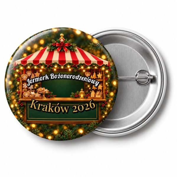 Przypinka Jarmark Świąteczny: przypinka na Boże Narodzenie z napisem Jarmark Bożonarodzeniowy oraz polem miejscowość (np. Kraków 2026) – przód i aluminiowy tył z agrafką