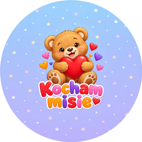 Wzór: Przypinka Kocham Misie – kolorowy miś z napisem Kocham misie