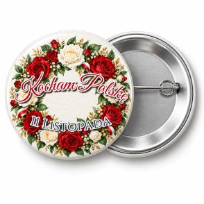 Przypinka Kocham Polskę Wieniec z Róż: przypinka na 11 Listopada z napisem Kocham Polskę oraz polem napis dolny (np. 11 Listopada) – przód i aluminiowy tył z agrafką