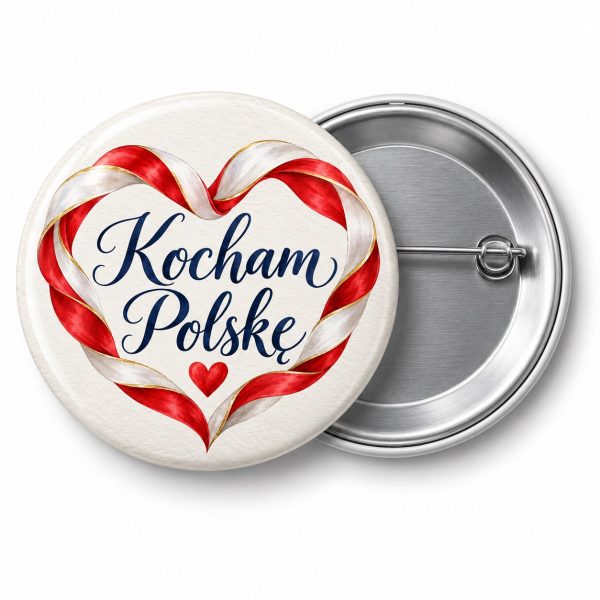 Przypinka Kocham Polskę Wstęga: przypinka na 11 Listopada z napisem Kocham Polskę – przód i aluminiowy tył z agrafką