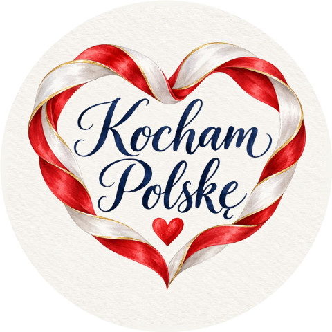 Wzór: Przypinka Kocham Polskę Wstęga – biało-czerwona grafika z napisem Kocham Polskę