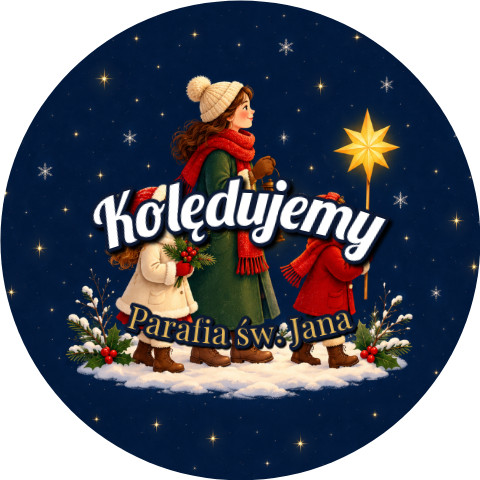 Wzór: Przypinka Kolędnicy – napis Kolędujemy i pole parafia na świątecznej grafice