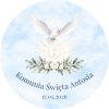 Wzór przypinki komunijnej: biała gołębica nad hostią, gałązka oliwna i białe róże na błękitnym tle, napis Komunia Święta Antosia