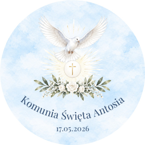 Wzór przypinki komunijnej: biała gołębica nad hostią, gałązka oliwna i białe róże na błękitnym tle, napis Komunia Święta Antosia