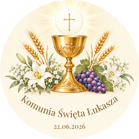 Wzór przypinki komunijnej: złoty kielich z hostią, kłosy, winogrona i lilie, napis Komunia Święta Łukasza