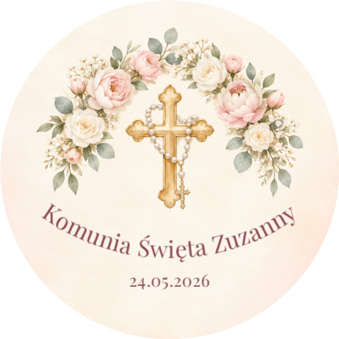Wzór przypinki komunijnej: złoty krzyż z różańcem pod łukiem z pudrowych róż, napis Komunia Święta Zuzanny