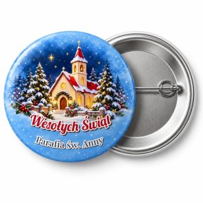 Przypinka Kościół w Zimowy Wieczór: przypinka na Boże Narodzenie z napisem Wesołych Świąt oraz polem parafia (np. Parafia św. Anny) – przód i aluminiowy tył z agrafką