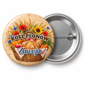 Przypinka Kosz Plonów: kolorowa przypinka na dożynki z napisem KOSZ PLONÓW oraz polem miejscowość (np. Zawoja) – przód i aluminiowy tył z agrafką