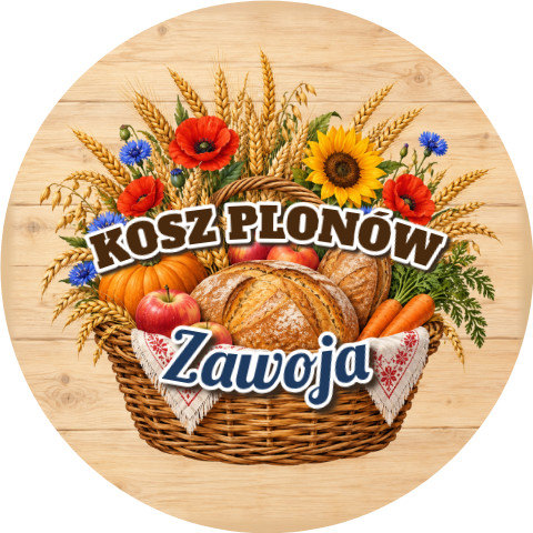 Wzór: Przypinka Kosz Plonów – napis KOSZ PLONÓW i pole miejscowość na pastelowym tle
