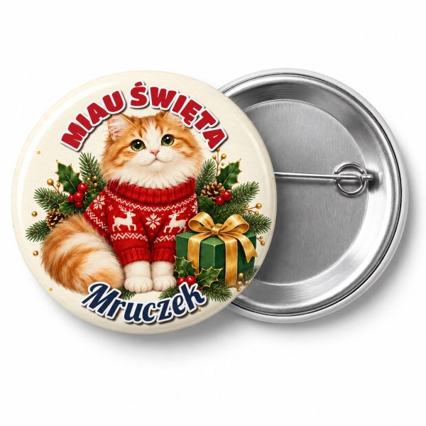 Przypinka Kot w Świątecznym Swetrze: przypinka na Boże Narodzenie z napisem MIAU ŚWIĘTA oraz polem imię (np. Mruczek) – przód i aluminiowy tył z agrafką