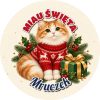 Wzór: Przypinka Kot w Świątecznym Swetrze – napis MIAU ŚWIĘTA i pole imię na świątecznej grafice