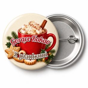 Przypinka Kubek Kakao: przypinka na Boże Narodzenie z napisem Gorące Kakao oraz polem dopisek (np. Z piankami) – przód i aluminiowy tył z agrafką