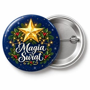 Przypinka Magia Świąt Lampki: przypinka na Boże Narodzenie z napisem Magia Świąt – przód i aluminiowy tył z agrafką