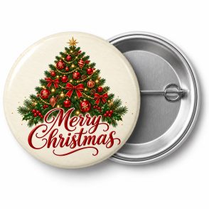 Przypinka Merry Christmas Choinka: przypinka na Boże Narodzenie z napisem Merry Christmas – przód i aluminiowy tył z agrafką