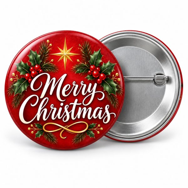 Przypinka Merry Christmas Czerwień: przypinka na Boże Narodzenie z napisem Merry Christmas – przód i aluminiowy tył z agrafką